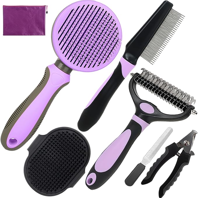 KUEIOX Dog Brush for Shedding, 7 PCS Dog Grooming Brush Kit Including Undercoat Rake, Slicker Brush, Dematting Comb, Nail Clipper, Bath Brush for Long & Short Haired Dogs, Cats - Purple
