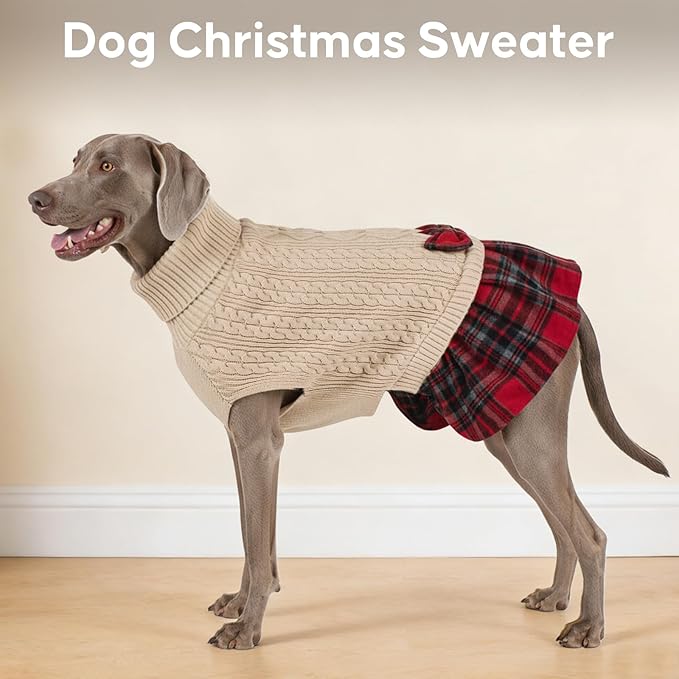 KYEESE Dog Sweater Warm Comfy Pet Coats Stretchy Knitwear Pullover Dog Sweaters for Large Dogs Thick Dogs Clothes Soft Turtleneck Pet Sweater Dress with Bowtie for Cold Weather Winter