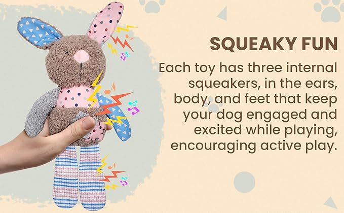 Colorful Patches Set - Bear, Bunny, Elephant, Squeaky Plush Dog Toys, All Bread Sizes, Toys, 3-Pack
