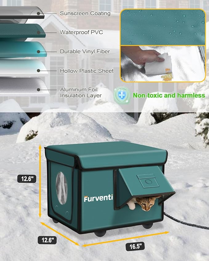 Heated Cat House for Outside with Dual Doors, Insulated Cat House Outdoor with Heating Pad, Weatherproof Heated Outdoor Cats Houses Waterrproof for Feral Cats (Deep Green, 17" L x 12" W x 13" H)