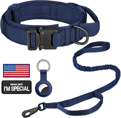 DAGANXI Tactical Dog Collar, Adjustable Military Training Nylon Dog Collar with Control Handle and Heavy Metal Buckle for Medium and Large Dogs, with Patches and Airtags Case (Midnight Blue-Set, XL)