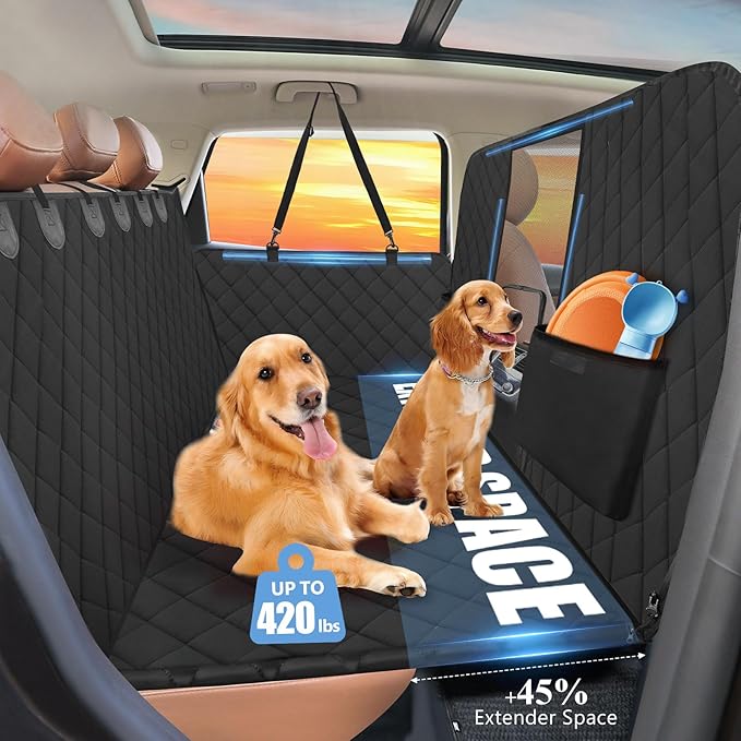 ROUWINNE High Barrier Back Seat Extender for Dogs, Hard Bottom Dog Car Seat Cover for Back Seat Holds 420lbs, Backseat Protector Pet Bed, Waterproof Dog Hammock for Car SUV and Trucks