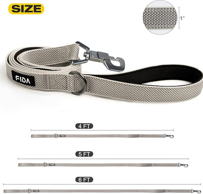 Fida 5 FT Heavy Duty Dog Leash with 2 Comfortable Padded Handles, Traffic Handle & Advanced Easy Snap Hook, Reflective Walking Lead for Large, Medium & Small Breed Dogs, Grey