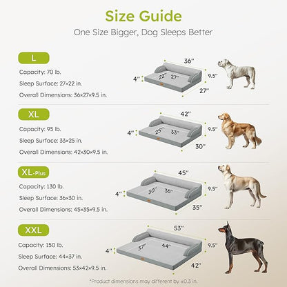 CWAWZ XXL Orthopedic Dog Bed, Big Dog Bed for Large Dogs, Dual-Sided Pet Cooling Beds with Memory Foam Washable Cover Nonslip Bottom, Waterproof Pet Couch with Bolsters, Light Grey