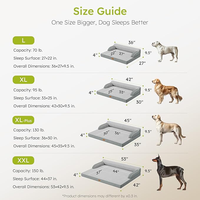 CWAWZ XL Plus Orthopedic Dog Bed, Big Dog Bed for Large Sized Dogs, Dual-Sided Pet Cooling Beds with Memory Foam Washable Cover Nonslip Bottom, Waterproof Pet Couch with Bolster, Light Grey