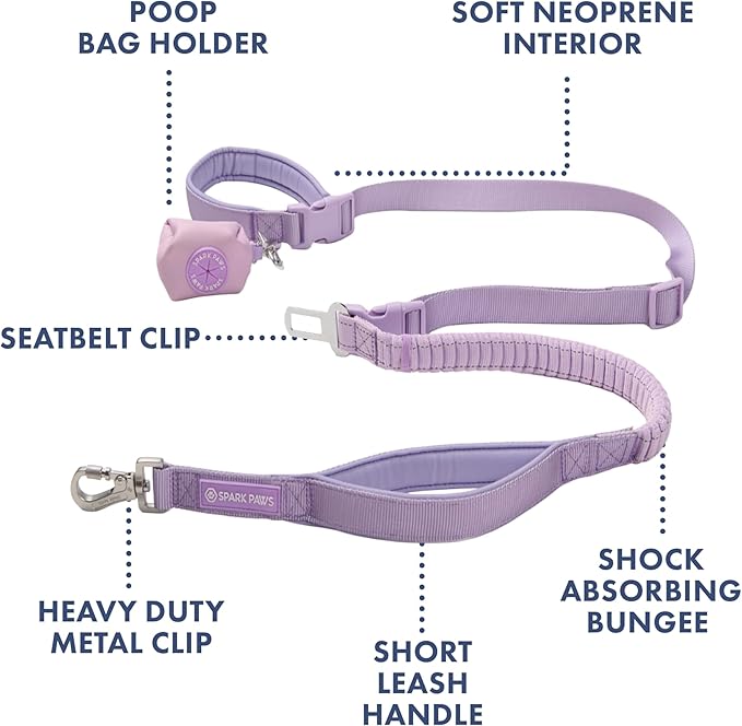 Spark Paws Handsfree Dog Leash – Shock Absorbing Waist Bungee Lead for Running, Car Seatbelt Clip & Poop Bag Set, Heavy Duty Tactical Lead for Medium, Large & X-Large Breeds - Lilac
