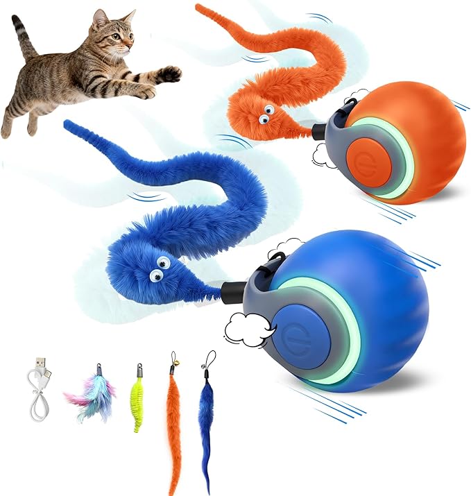 CONAMEI 2PCS Interactive Cat Toys Ball,Newly Upgraded Speedy Tail Cat Toy with USB Charging,Automatic Smart Interactive Cat Toys for Indoor Cats with 6 Tails-Blue&Red