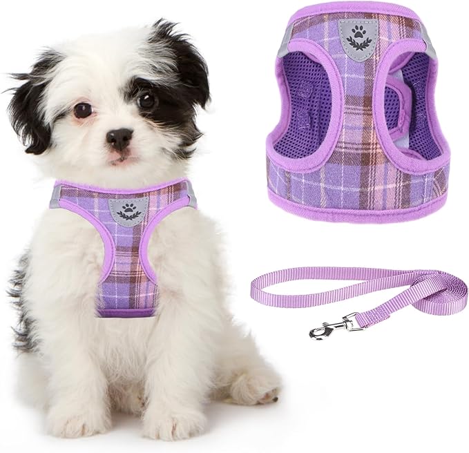 KOOLTAIL Dog Harness for Small Medium Dogs,Dog Harness and Leash Set, Step in No Pull Soft Mesh Padded Adjustable and Reflective Pet Vest Harness Puppy, Plaid Extra Harness for XS S Dogs, Purple S