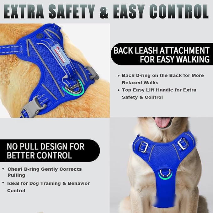BARKBAY No Pull Dog Harness Large Reflective Dog Harness with Front Clip and Easy Control Handle for Walking Training Running with ID tag Pocket(Sapphire Blue,L)