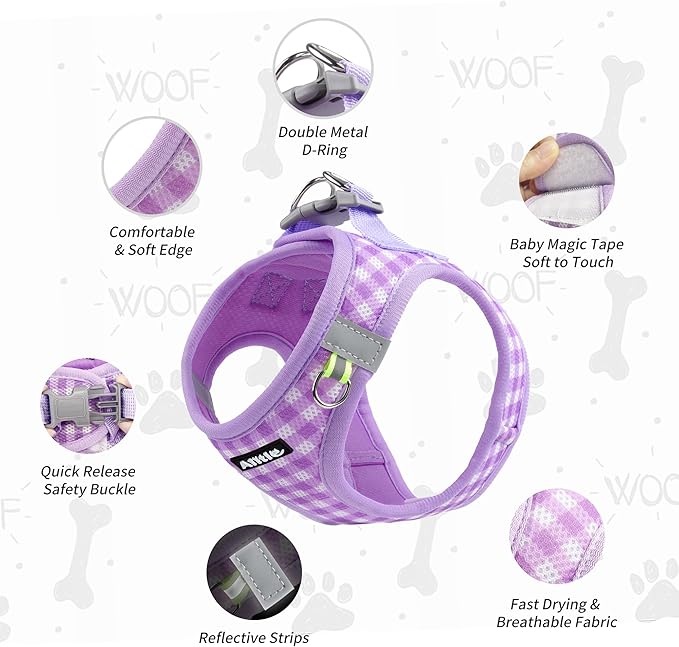 AIITLE Medium Dog Harness – Breathable Mesh with Plaid Design & Dual D-Rings – Secure Fit for Camping, Hiking & Daily Adventures (L, Purple)