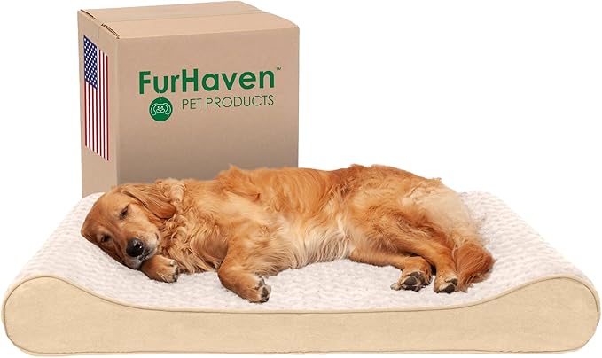 Furhaven Cooling Gel Dog Bed for Large Dogs w/ Removable Washable Cover, For Dogs Up to 75 lbs - Ultra Plush Faux Fur & Suede Luxe Lounger Contour Mattress - Cream, Jumbo/XL