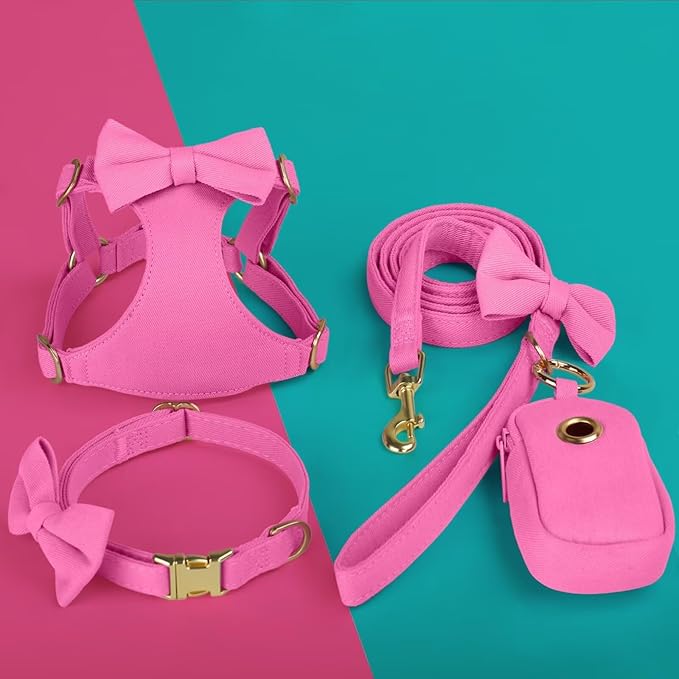 Beirui Adorable Small Dog Harness Collar Leash Set,Cute Puppy Harness with 3 Bows for XS Dogs,Yorkie,Adjustable Step-in Vest for Walking,Parties&Holiday Outfits(Hot Pink,XS)