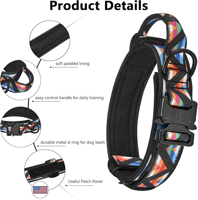 DAGANXI Tactical Dog Collar, Adjustable Military Training Nylon Dog Collar with Control Handle and Heavy Metal Buckle for Medium and Large Dogs, with Patches & Airtags Case (XL, Colorful Triangle-Set)