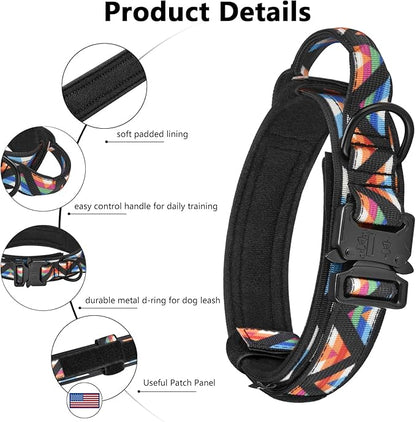 DAGANXI Tactical Dog Collar, Adjustable Military Training Nylon Dog Collar with Control Handle and Heavy Metal Buckle for Medium and Large Dogs, with Patches & Airtags Case (XL, Colorful Triangle-Set)