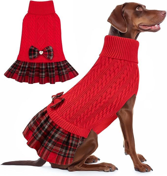 KYEESE Dog Sweater Comfy Dog Sweater Pullover Dogs Sweaters for Large Dogs Thick Pets Clothes Soft Turtleneck Pet Sweater Dress with Bowtie Warm Pet Coats, Red, XXX-Large