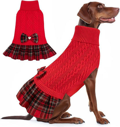 KYEESE Dog Sweater Comfy Dog Sweater Pullover Dogs Sweaters for Large Dogs Thick Pets Clothes Soft Turtleneck Pet Sweater Dress with Bowtie Warm Pet Coats, Red, XXX-Large