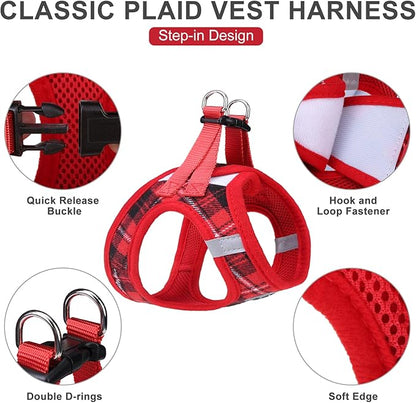 EXPAWLORER Classic Plaid Puppy Harness - Small Dog Harness and Leash Set - Dog Collar and Leash Set with AirTag Holder, Soft Padded Step in Dog Vest Harness No Pull Reflective for Outdoor, Red S