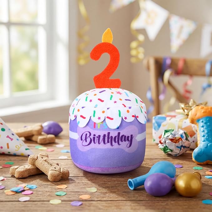 Dog 2nd Birthday Cake Toy Accessories for Girl Boy Gifts, Purple Squeaky Plush Toy for Dog Birthday Party Decor Favor for Large, Medium and Small Dogs