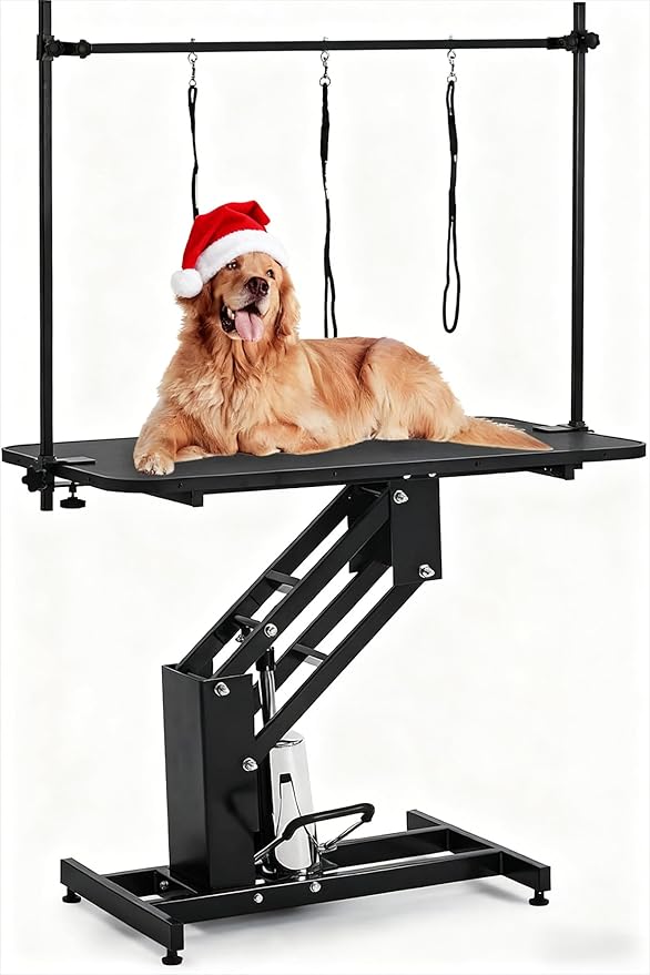 Garvee 43.3" Hydraulic Dog Grooming Table for Pet, Heavy Duty Structural Hydraulic Max Load 350Lbs Professional Pet Grooming Table with Adjustable Overhead Arm & Noose Height Range 22''-39'' (Black)