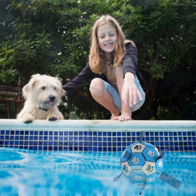 Domchan Dog Soccer Ball, Interactive Toys for Tug of War, Puppy Birthday Gifts, Tug Toy, Water Toy, Durable Balls for Small & Medium Size(8 inch-Blue)