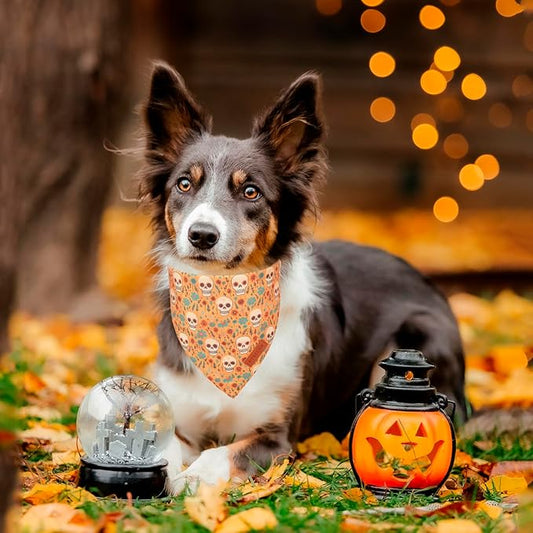 PTDECOR Halloween Dog Bandana, Skeleton Pumpkin Reversible Holiday Dog Scarf, Triangle Halloween Bandanas for Medium Large Dogs Pets (Large)
