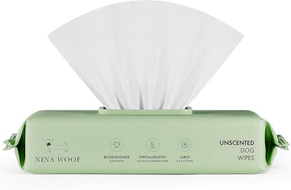 Nina Woof Dog Wipes – Fragrance-Free, Alcohol-Free, Hypoallergenic Pet Grooming Wipes with Aloe Vera, Biodegradable, for Dogs & Cats: Paws, Face, Ears & Butt – (70 Count)
