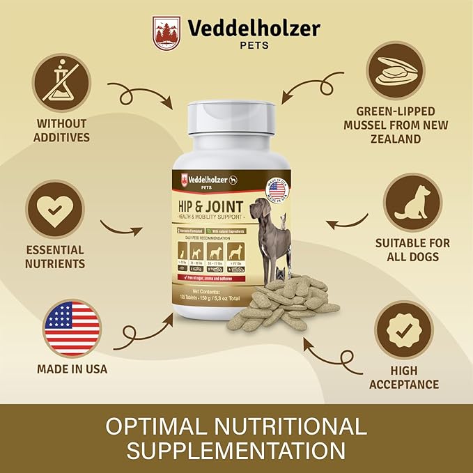 Veddelholzer Dog Joint Supplement Tablets – Hip & Joint Support with Glucosamine, Chondroitin, MSM & Turmeric – Mobility, Flexibility & Comfort Aid for Large & Small Breeds – Vet Recommended