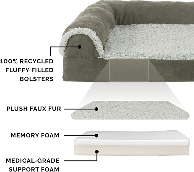 Furhaven Memory Foam Dog Bed for Medium/Small Dogs w/ Removable Bolsters & Washable Cover, For Dogs Up to 35 lbs - Two-Tone Plush Faux Fur & Suede L Shaped Chaise - Dark Sage, Medium