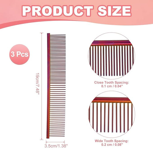 PETAXCELL Dog Cat Comb, Pet Combs Stainless Steel Teeth with Rounded Ends for Knots Mats Loose Hair Removal, 7.5IN (Purple Plated, 3 Pack), Grooming Tool Intended for Long Curly Hair Pet