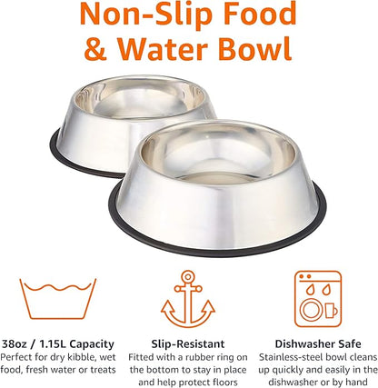 Amazon Basics Stainless Steel Non-Skid Pet Dog Water And Food Bowl, 2-Pack (10 x 2.8 Inches), Each Holds Up to 38oz