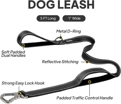 PetiFine 5FT Heavy Duty Dog Leash with Soft Padded Double Handle, Durable Strong Clasp Dog Leashes, Reflective Nylon Walking Lead for Large,Medium,Small Breed Dogs, Black