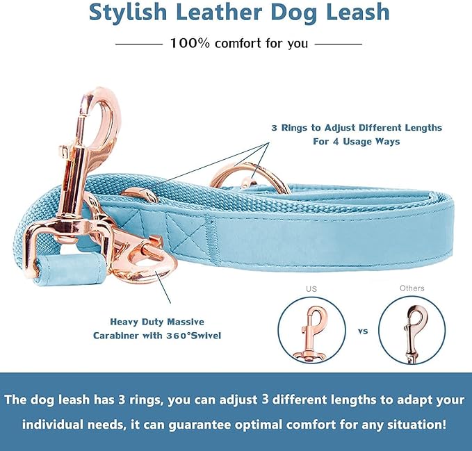 Soft Leather Dog Collar and Leash (6.6') Set - Stylish Rose Gold Heavy Duty Metal Buckle, 4 Adjustable Lengths Leash for Small Medium Large Dogs - Comfortable & Easy to Clean Light Blue S(12.2"-16.9")