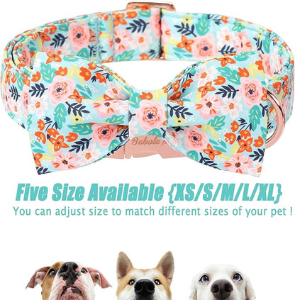 Floral Dog Collar with Bow Tie - Adjustable Light Blue Flower Bowtie Collar Breathable Comfort Spring-Summer Dog Collars for Small Medium Large Dogs M