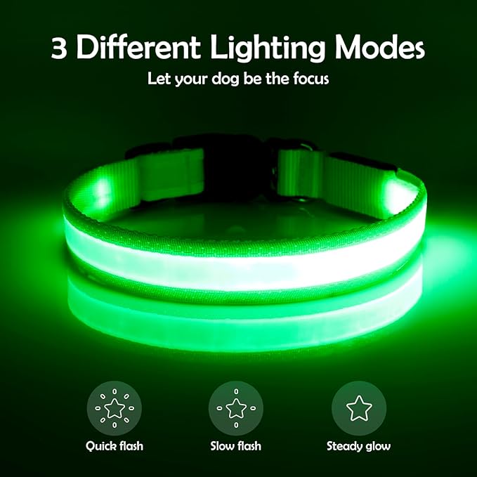 Vizpet LED Dog Collar, Light Up Dog Collar Adjustable USB Rechargeable Super Bright Safety Light Glowing Collars for Dogs(Medium,Green)