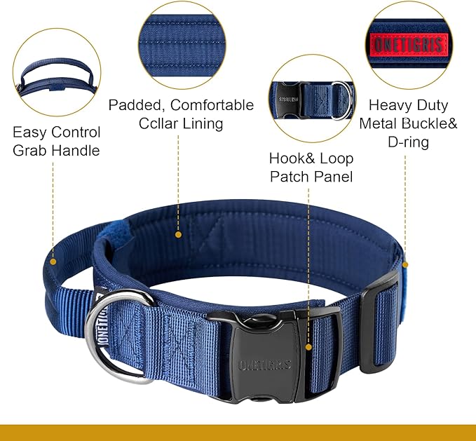 OneTigris Tough Dog Collars, Tactical Dog Collar with Handle, Milltary Adjustable Dog Collar with Heavy Duty Metal Buckle for Training (Blue, S)
