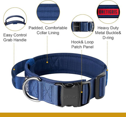 OneTigris Tough Dog Collars, Tactical Dog Collar with Handle, Milltary Adjustable Dog Collar with Heavy Duty Metal Buckle for Training (Medium,Blue)