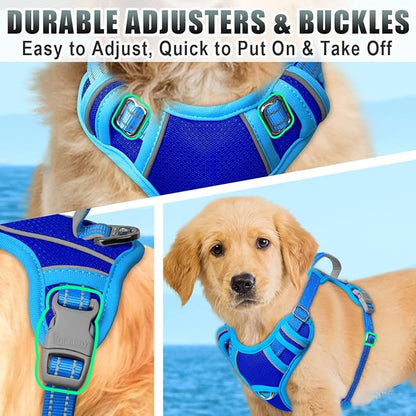BARKBAY No Pull Dog Harness Large Reflective Dog Harness with Front Clip and Easy Control Handle for Walking Training Running with ID tag Pocket(Sapphire Blue & Blue,S)