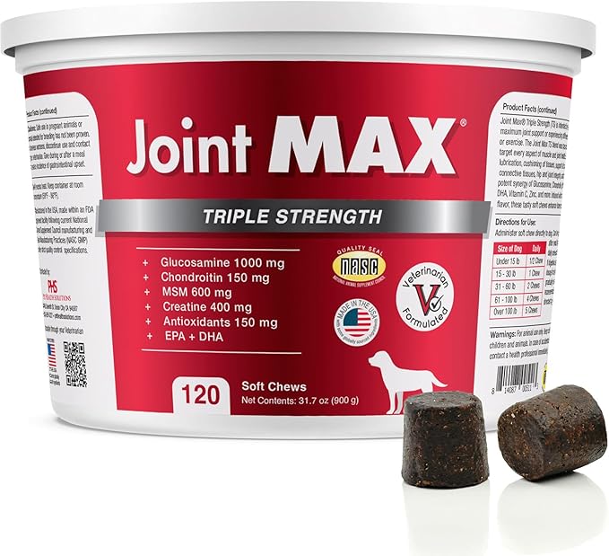 Joint Max TS Joint Supplement Vet Formulated Pain & Inflammation Relief Treats Hip Dysplasia & Arthritis, Glucosamine, Chondroitin, Turmeric, MSM, HA, Creatine, Omega 3 EPA + DHA.120 Soft Chews