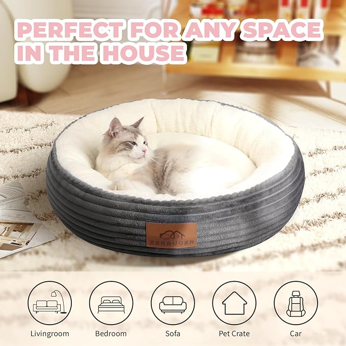 Zerbuger 23in Round Cat Dog Bed for Large Medium Small Dogs Cats, Machine Washable Sleeping Sofa, Non-Slip Bottom Breathable Soft Calming Pet Cuddler for Indoor/Outdoor/Car/Cage, Dark Grey