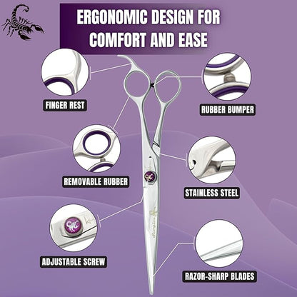 Kenchii Scorpion 8 Inch, Straight Grooming Scissors for Dogs and Pets - Premium Steel Scissors for Dog Grooming - Dog Shears Pet Grooming Accessories - Pet Hair Trimming Scissor