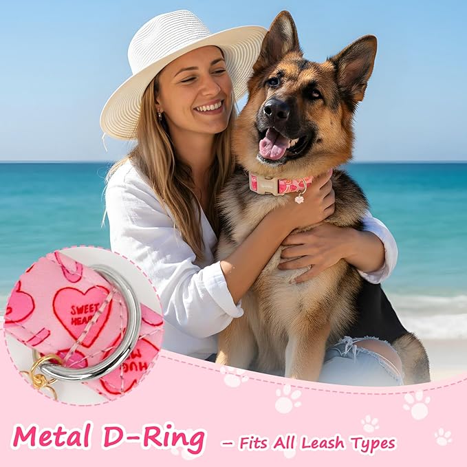Valentines Dog Collar with Heart Bow Pattern, Adjustable Large Dog Collar with Safety Buckle & Heart Charm, Spring Summer for Girl Boy Dogs-L