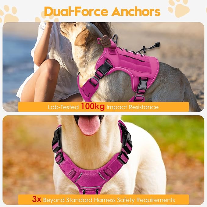 Heavy-Duty Tactical Dog Harness for Large Dogs, No Pull Adjustable Reflective Pet Vest with Molle System, K9 Military-Grade Control for Service Training, Outdoor & 10+ Breeds, Pink, X-Large