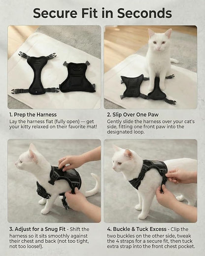 Luxelle Escape-Proof Cat Harness and Leash Set – Adjustable No Pull Soft Vest with 360° Reflective Straps, Built-in Pocket & Wrist Strap, Breathable Mesh Outdoor Harness for Cats & Kittens