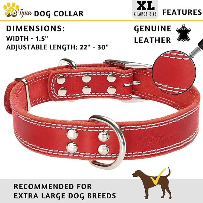 ADITYNA Heavy Duty Leather Dog Collar for Extra-Large Dogs - Soft and Strong Red Leather Collar for XL Breeds