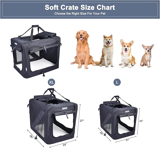 JESPET 36'' Soft Dog Crates Kennel for Pets, 3 Door Soft Sided Folding Travel Pet Carrier with Straps and Fleece Mat for Dogs, Cats, Rabbits, Grey Blue Beige & Black (36" L x 24" W x 27" H, Black)