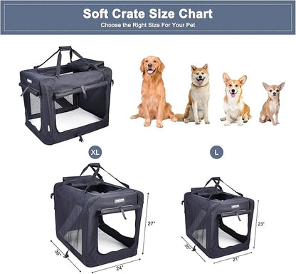JESPET 36'' Soft Dog Crates Kennel for Pets, 3 Door Soft Sided Folding Travel Pet Carrier with Straps and Fleece Mat for Dogs, Cats, Rabbits, Grey Blue Beige & Black (36" L x 24" W x 27" H, Black)