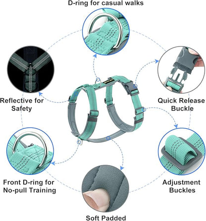 Plutus Pet No Pull Dog Harness, Adjustable Nylon Harness with Soft Padding, Reflective and Heavy Duty Dog Harness for Small, Medium, Large Dogs(Teal, M)