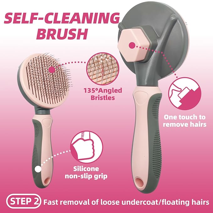 KUEIOX Pet Grooming Kit - 7 PCS Deshedding Brush Set with Slicker, Undercoat Rake, Bath Brush & Nail Clipper for Short & Long Haired Dogs, Cats (Pink)