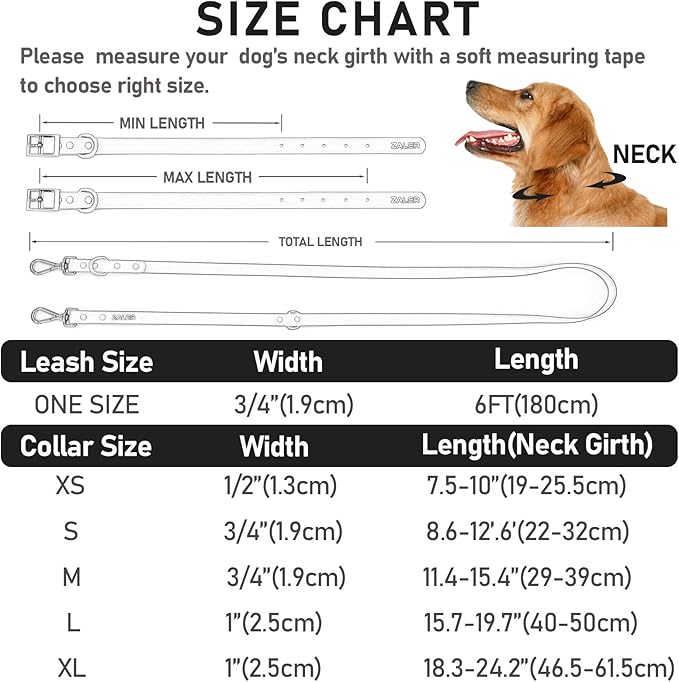 ZALER Dog Collar and Leash Set, Waterproof Adjustable Odor Proof Pet Collars Leashes Easy to Clean, 6FT Dog Leash with 2 Hooks for Large, Medium Small Dogs (S, Black)