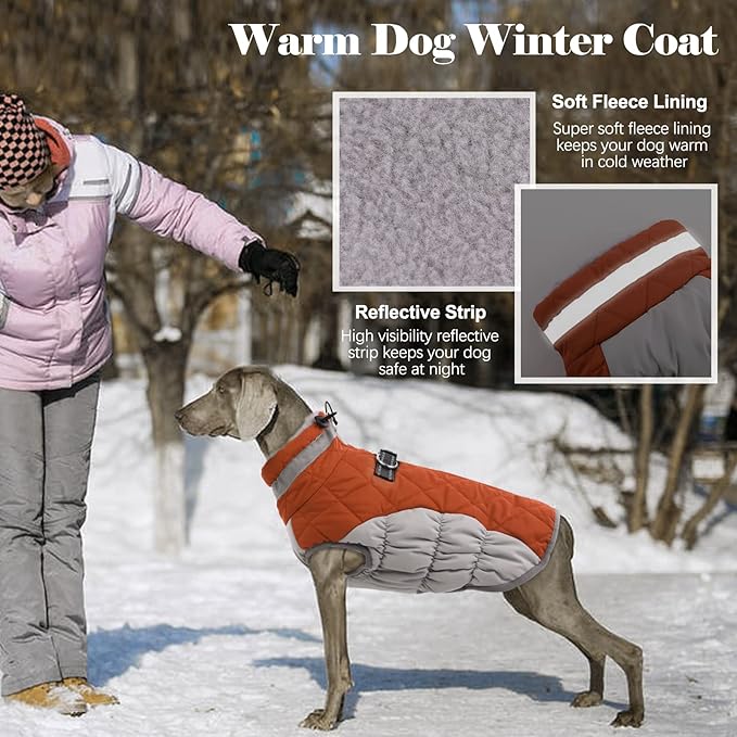 Lelepet Dog Coat Warm Dog Winter Coat Waterproof Dogs Jacket with Harness Built in Reflective Pet Fleece Vest Zip-Up Cold Weather Coats for Large Dogs Turtleneck & Windproof Coats Boxer Brown XL